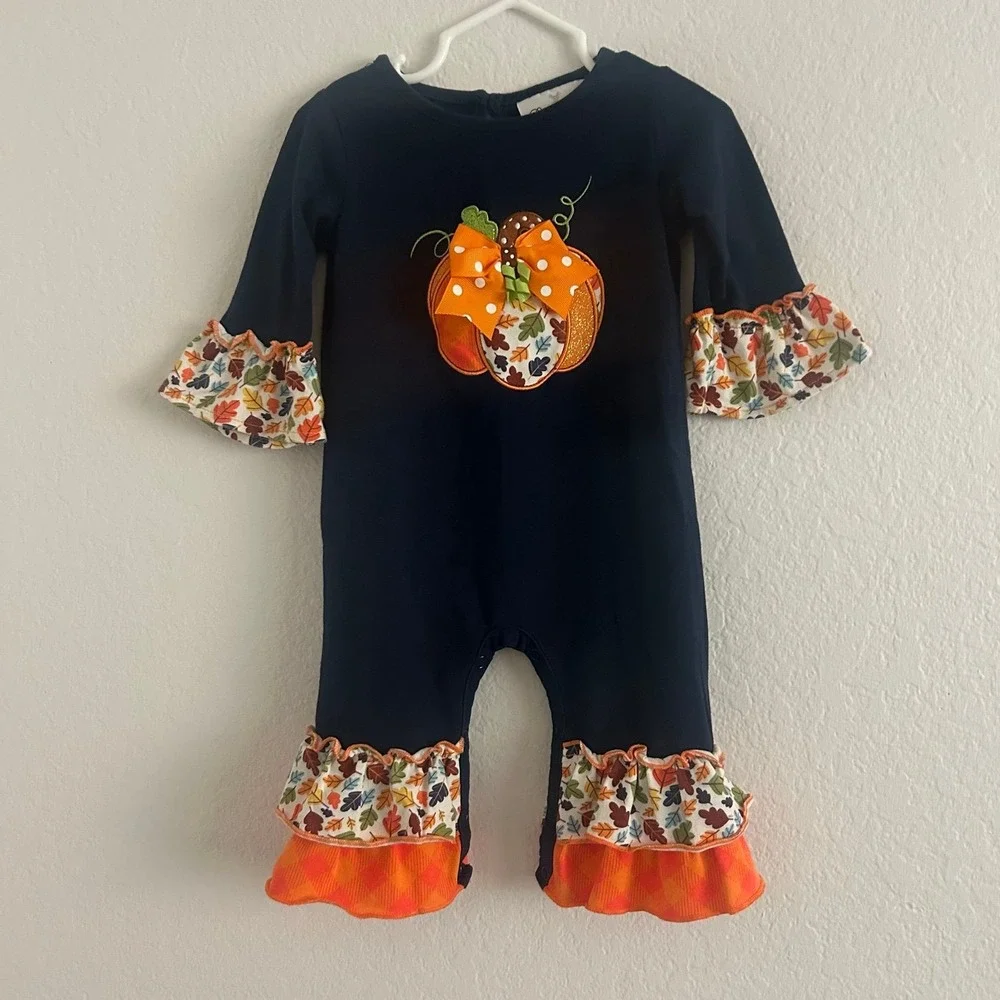 Rare Editions Baby Halloween Pumpkin Outfit Romper Navy Blue Ruffles 6 Months